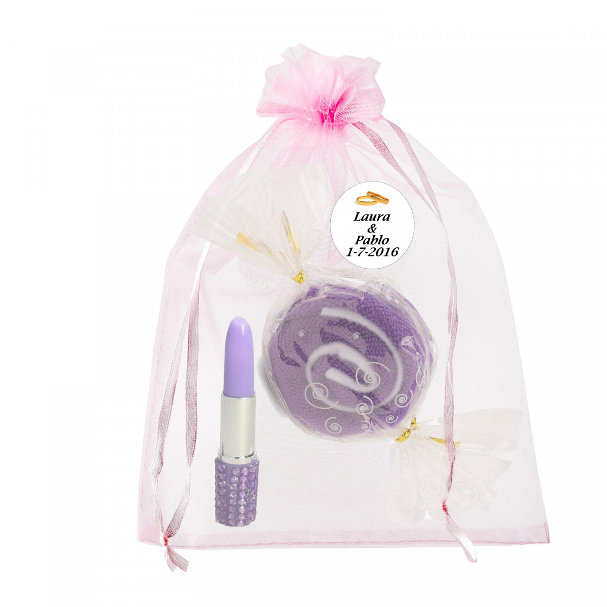 Toalla caramelo con bolígrafo pintalabios en bolsita de organza personalizada