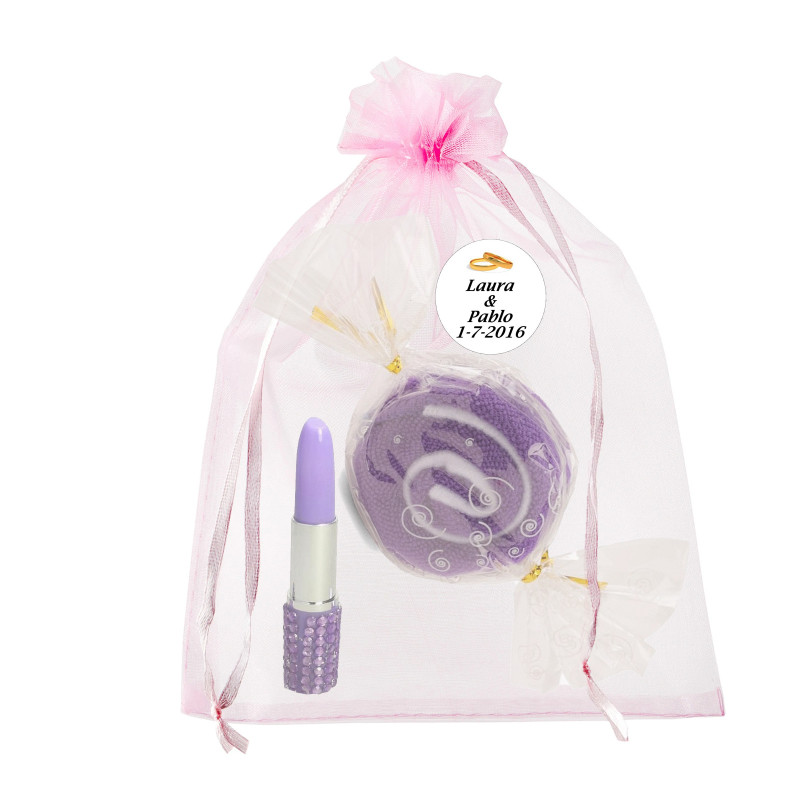 Toalla caramelo con bolígrafo pintalabios en bolsita de organza personalizada
