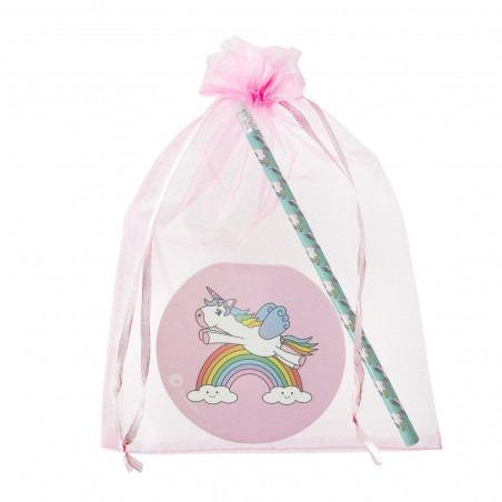 Libreta y lápiz unicornio en bolsa de organza