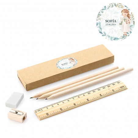 Lápices con accesorios de escritura en estuche de cartón con adhesivo personalizado para comunión niña
