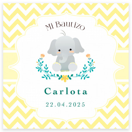 Bálsamo labial en estuche amarillo con tarjeta personalizable en bolsa de organza blanca para detalle de bautizo