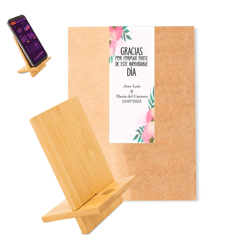 Soporte de bambú para móvil en sobre kraft con adhesivo personalizado de agradecimiento para regalar