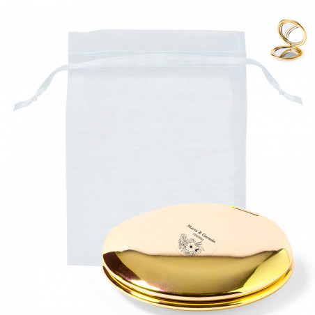 Espejo doble dorado metalizado con adhesivo transparente floral en bolsa de organza para regalar