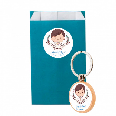 Llavero comunión niño con bolsa azul y adhesivos personalizados