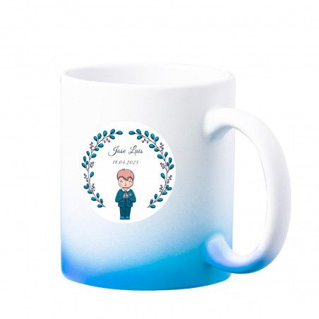 Taza sublimación acabado mate con degradado azul personalizada para detalles de comunión para niño