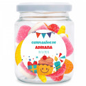 Tarro con surtido de gominolas personalizable con adhesivo de cumpleaños para regalar