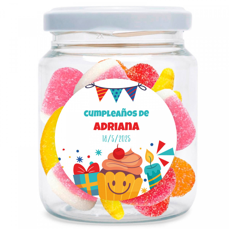 Tarro con surtido de gominolas personalizable con adhesivo de cumpleaños para regalar