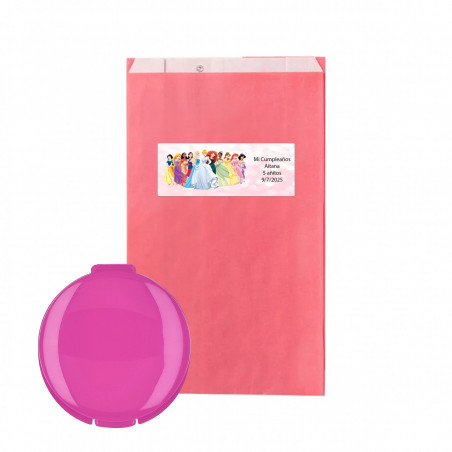 Bálsamo labial hidratante fucsia en sobre kraft rosa con adhesivo princesas para detalles infantiles