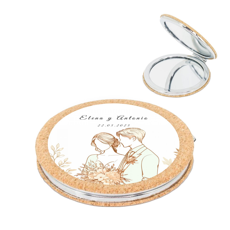 Espejo doble de corcho con adhesivo silueta romántica de novios para detalles de invitados
