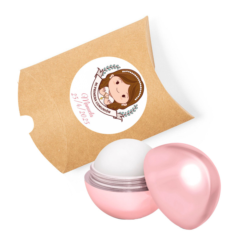 Brillo labial rosa en estuche kraft con adhesivo primera comunión de niña para regalar