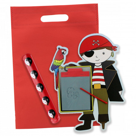 Pizarra pirata y pulsera en bolsa roja detalle para niños
