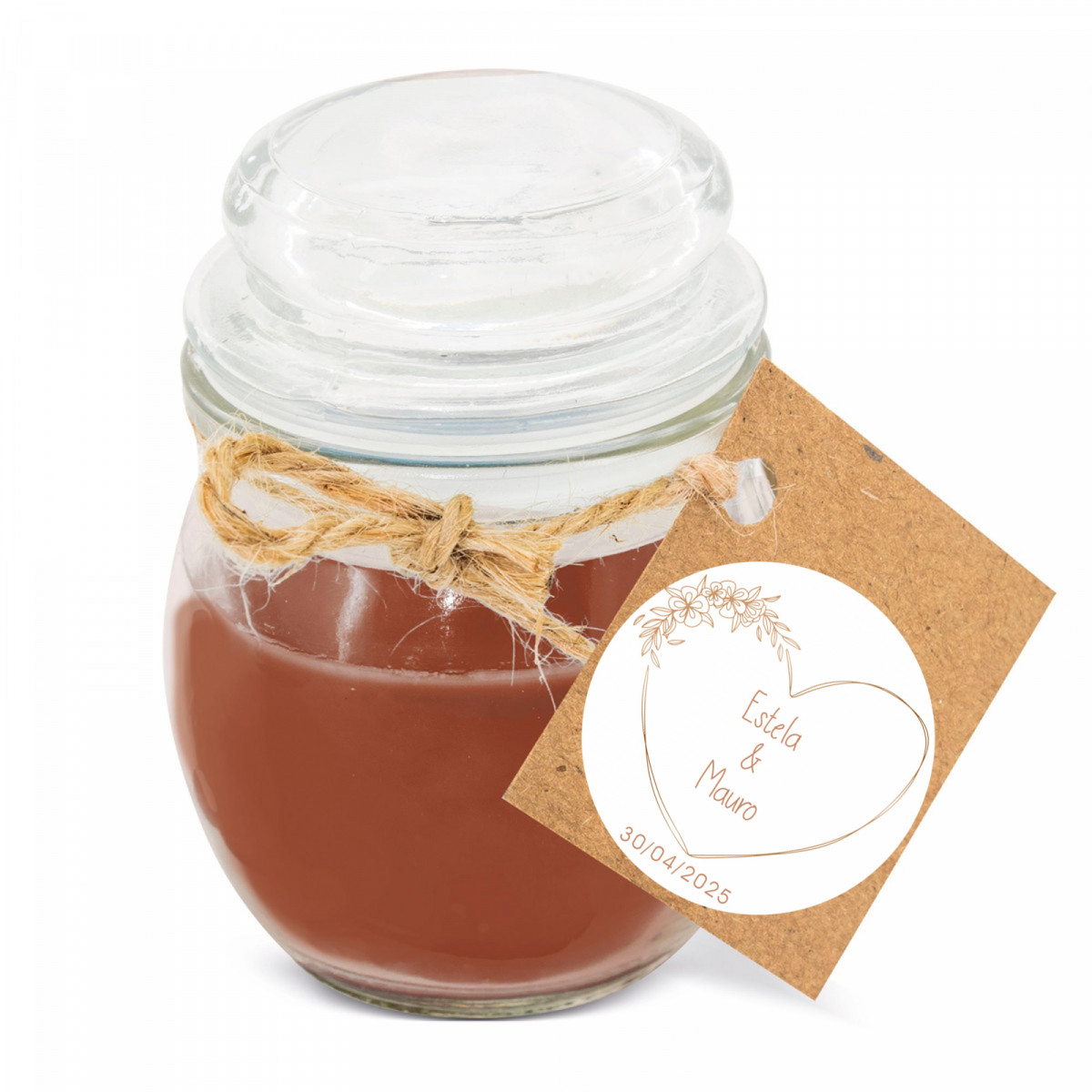 Vela aromática en tarro de cristal con tapa y etiqueta colgante personalizada para detalles
