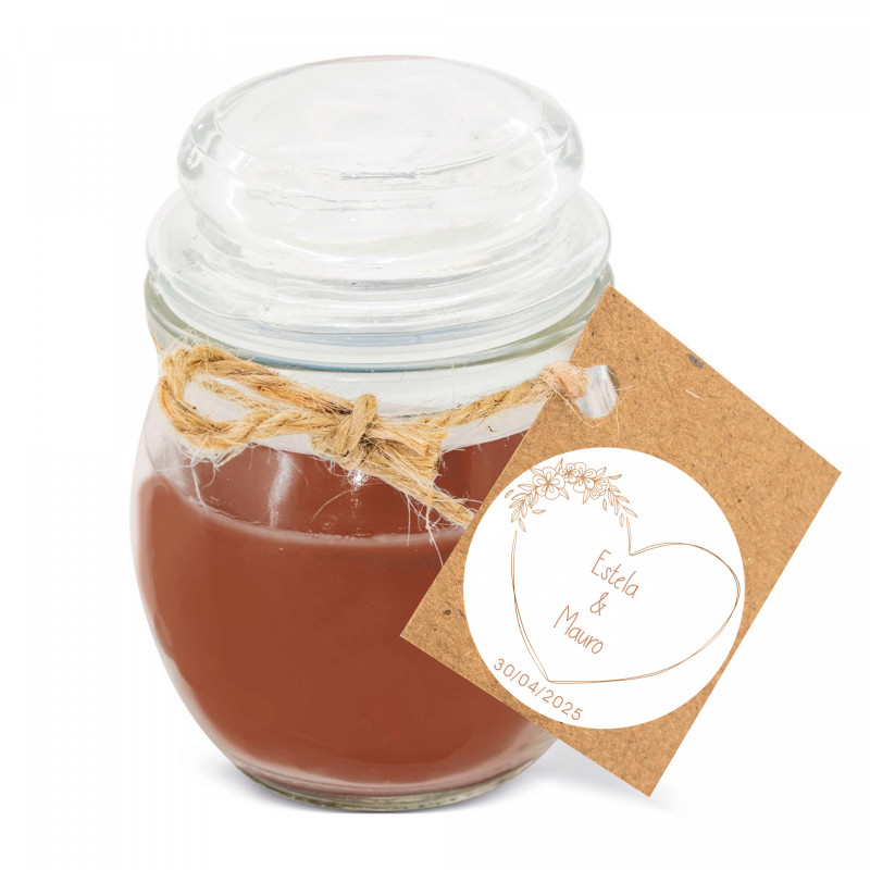 Vela aromática en tarro de cristal con tapa y etiqueta colgante personalizada para detalles