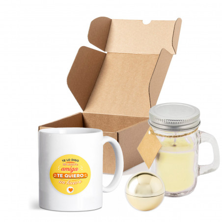 Taza de cerámica con adhesivo de la amistad con vela arómatica y bálsamo labial hidratante en caja para regalar