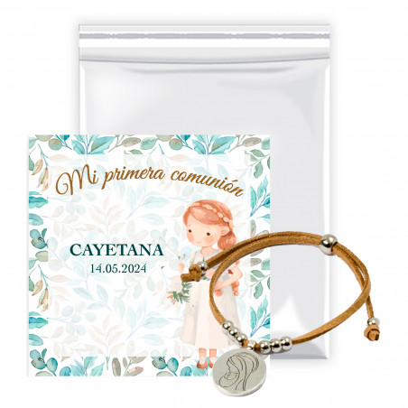 Pulsera medalla virgen maría con tarjeta recordatorio en bolsa con solapa para detalles comunión
