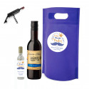 Botella de vino y sacacorchos en bolsa azul personalizada para detalles día del padre
