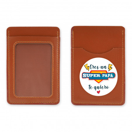 Tarjetero billetero polipiel marrón con adhesivo eres un super papá para regalar
