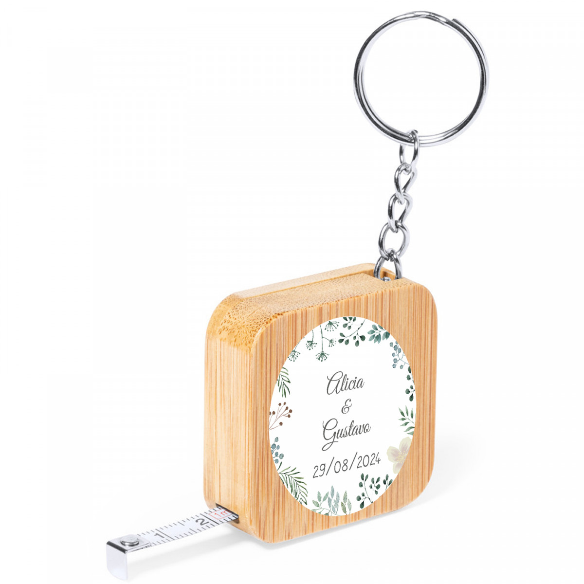 Llavero metro con adhesivo personalizado para boda