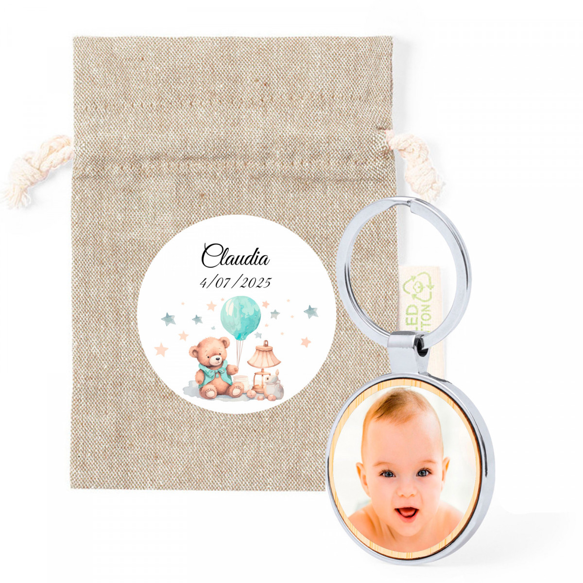 Llavero con foto personalizable en bolsa de tela con adhesivo diseño osito para regalar