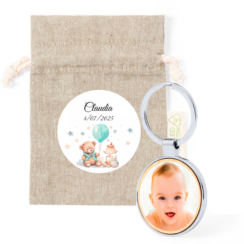 Llavero con foto personalizable en bolsa de tela con adhesivo diseño osito para regalar