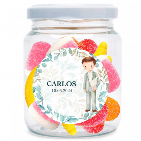 Tarro con mix de chuches sin gluten y adhesivo primera comunión personalizable para regalar