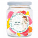Tarro con mix de chuches sin gluten y adhesivo primera comunión niña personalizable para regalar