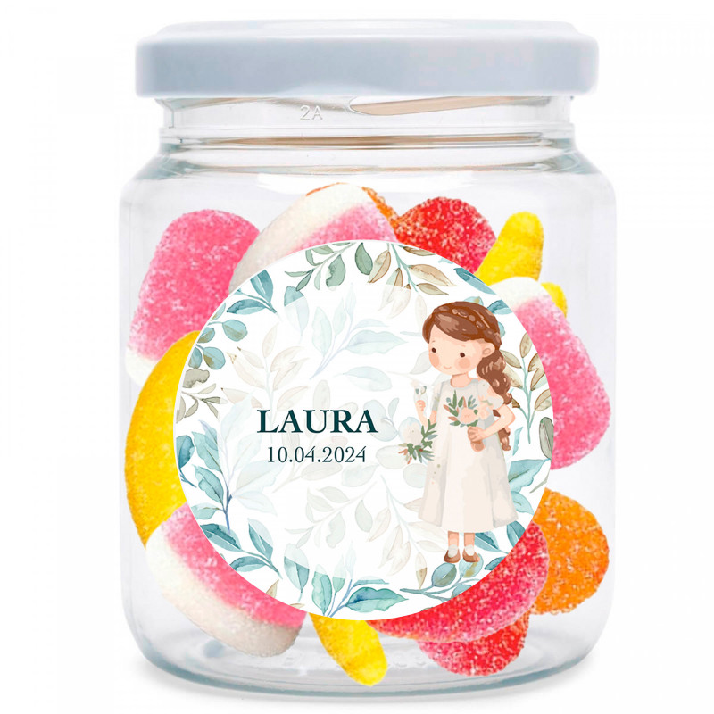 Tarro con mix de chuches sin gluten y adhesivo primera comunión niña personalizable para regalar