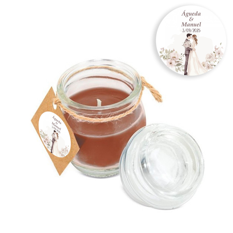 Vela aromática olor café en tarro de cristal personalizada con adhesivo para bodas
