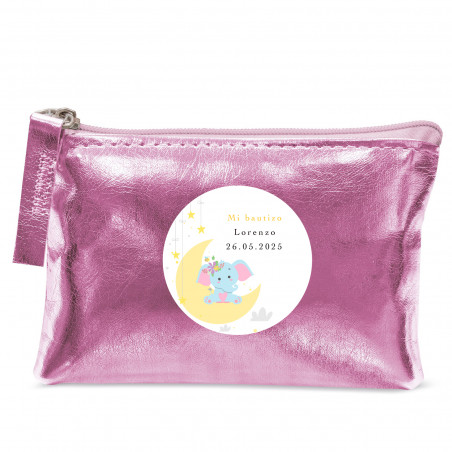 Monedero rosa personalizado con adhesivo de bautizo
