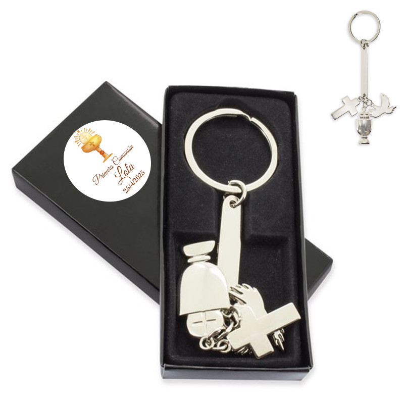 Llavero de metal para comunión caja personalizada con adhesivo