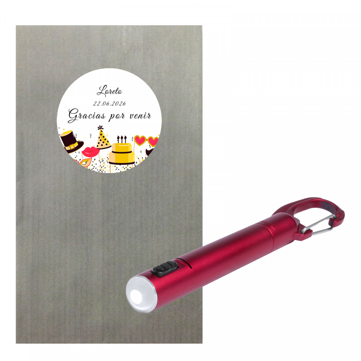 Bolígrafo rojo con linterna led presentado con sobre gris y adhesivo de cumpleaños personalizado