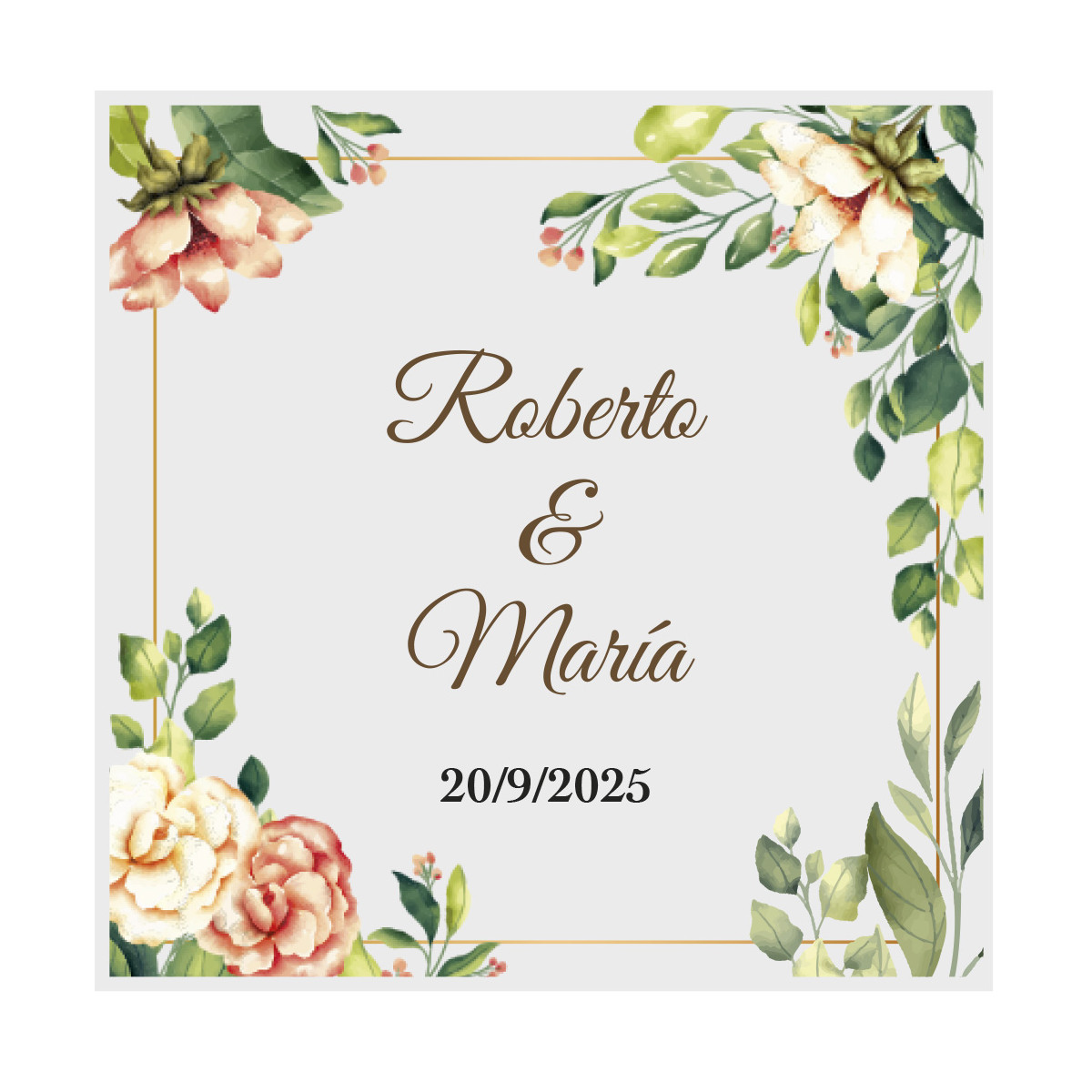 Adhesivo 5x5 fondo transparente con flores personalizado para eventos