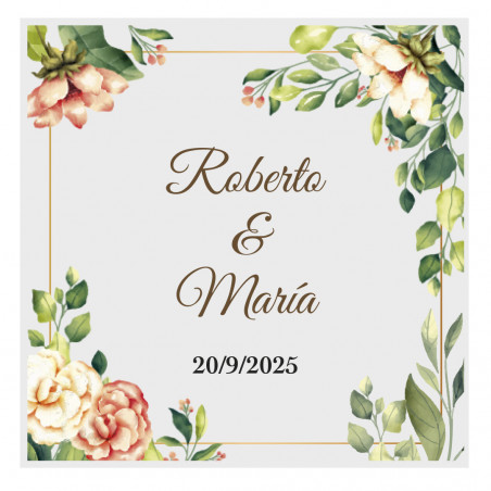 Adhesivo 5x5 fondo transparente con flores personalizado para eventos