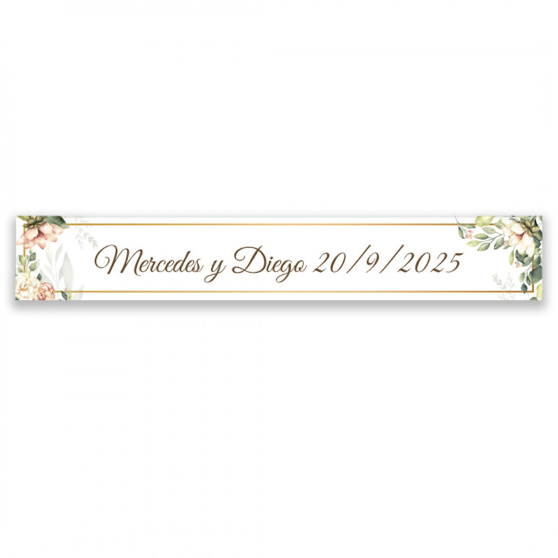 Adhesivo rectangular 5x1 con flores personalizado para eventos