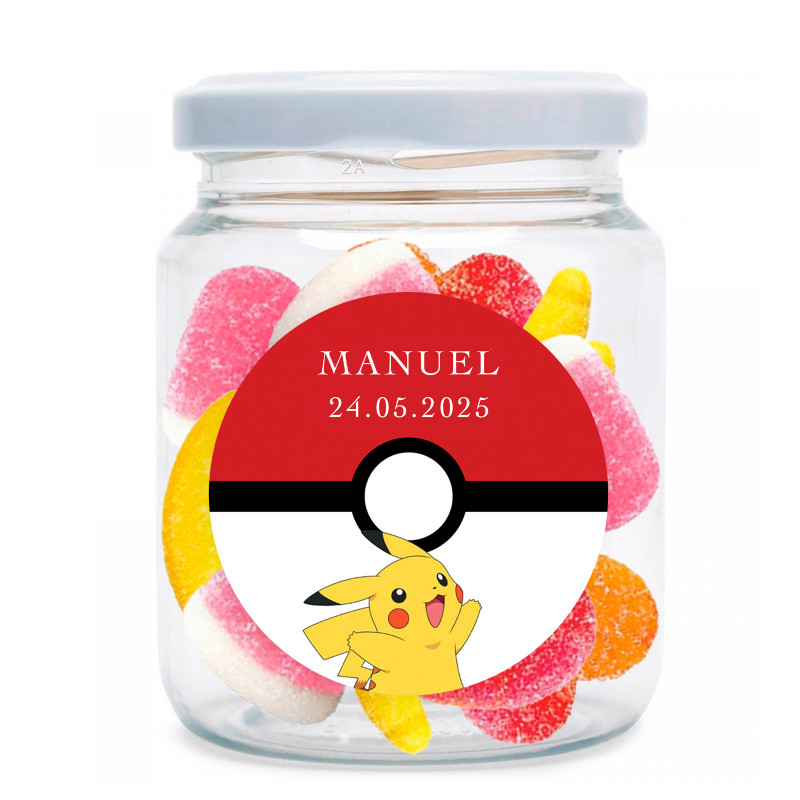 Bote con gominolas surtidas personalizado con adhesivo de pikachu
