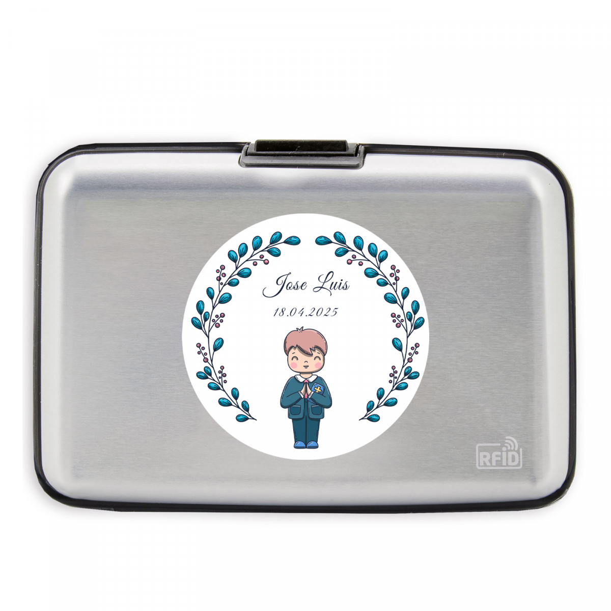 Tarjetero personalizado con adhesivo para primera comunión de niño