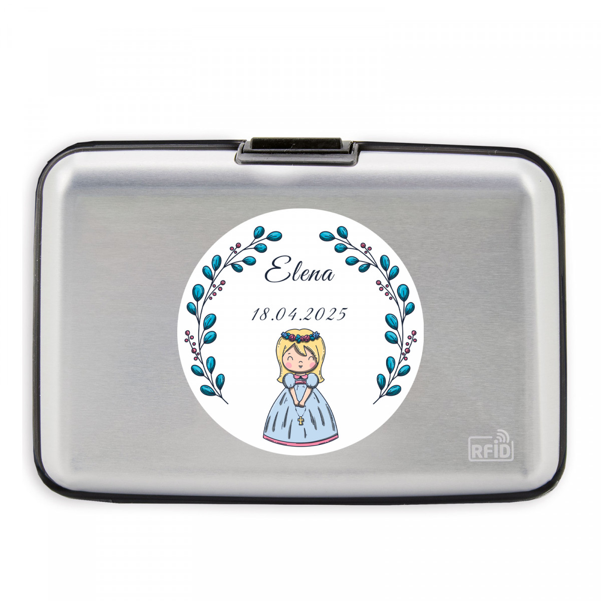 Tarjetero plateado personalizado con adhesivo para primera comunión de niña