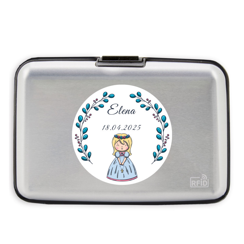 Tarjetero plateado personalizado con adhesivo para primera comunión de niña