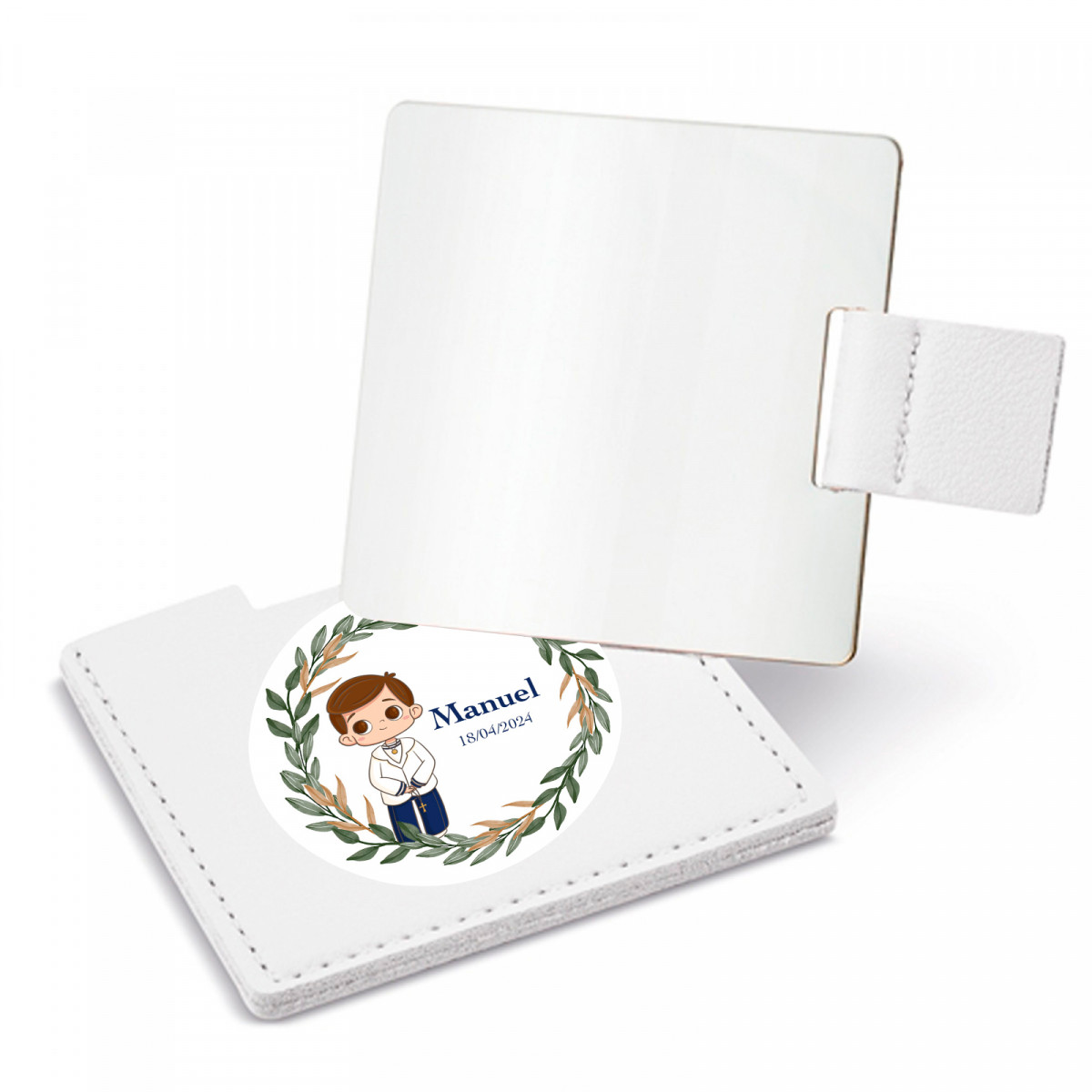 Espejo con estuche blanco y adhesivo primera comunión niño para regalar