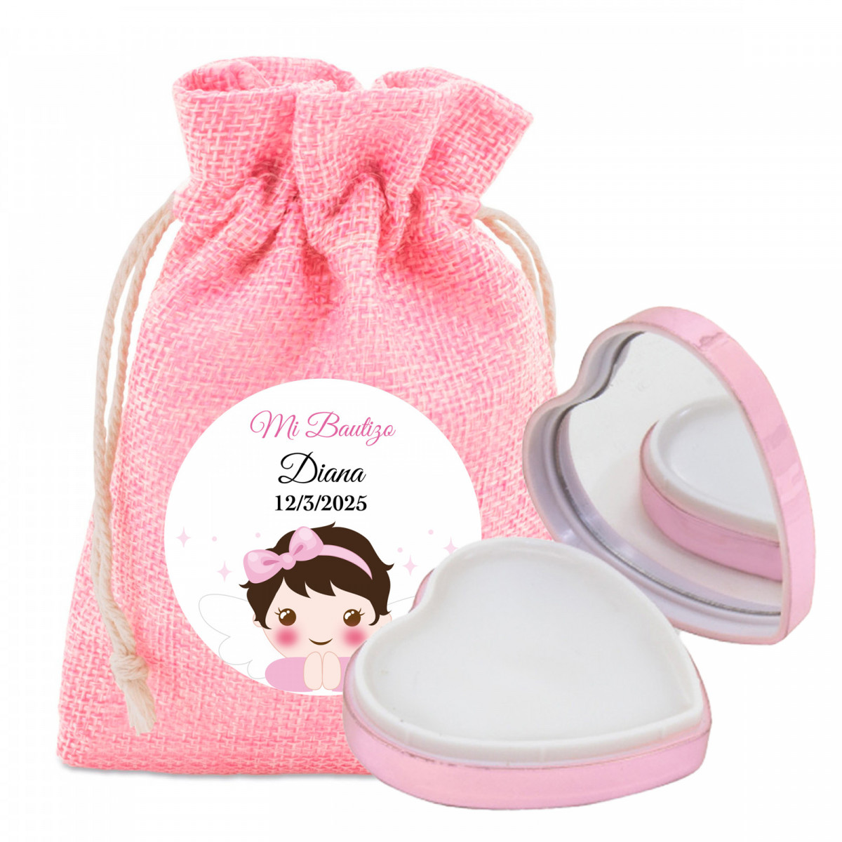 Bálsamo labial con forma de corazón en bolsa rosa personalizada con bautizo de niña