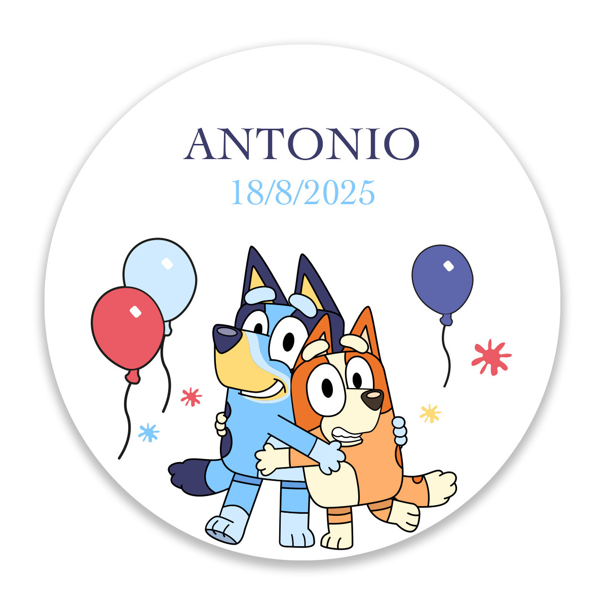 Adhesivo bluey y bingo 5cm redondo personalizado