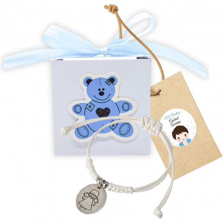 Pulsera con medalla de ángel en caja con oso azul en relieve personalizada para detalles bautizo niño