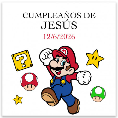 Adhesivo personalizado de super mario ideal para cumpleaños 5x5cm