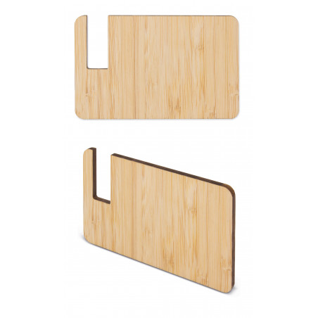 Soporte de móvil de madera presentado en sobre kraf verde personalizado