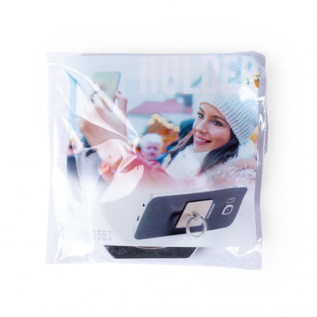 Soporte anillo para móvil presentado en bolsa de antelina y adhesivo personalizado de bodas