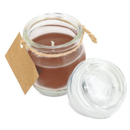 Vela aromática olor café en tarro de cristal personalizada con adhesivo para bodas
