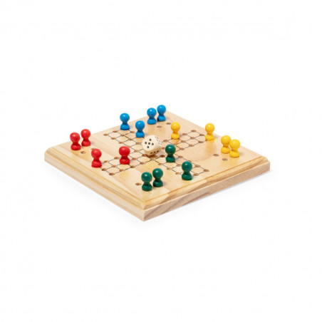 Parchís de madera en bolsa de algodón con adhesivo de agradecimiento para regalar