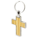 Llavero en forma de cruz metal con bambú en cajita personalizada con adhesivo de bautizo para detalle