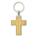 Llavero en forma de cruz metal con bambú en cajita personalizada con adhesivo de bautizo para detalle