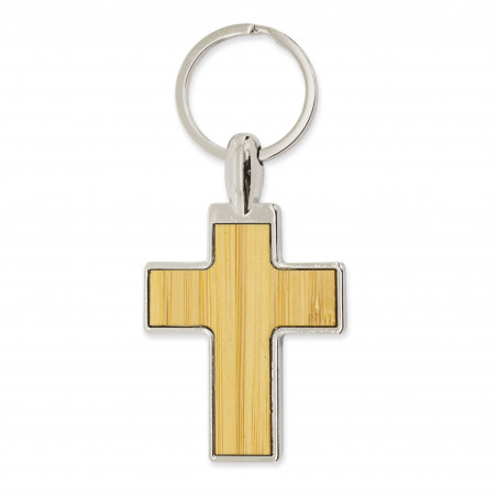 Llavero en forma de cruz metal con bambú en cajita personalizada con adhesivo de bautizo para detalle